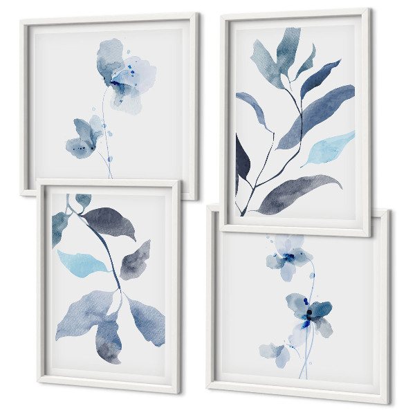 Composizione di 4 quadri Foglie blu ad acquerello
