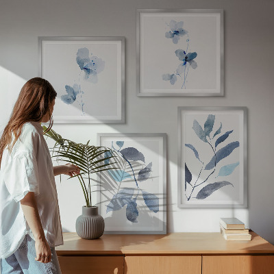 Composizione di 4 quadri Foglie blu ad acquerello