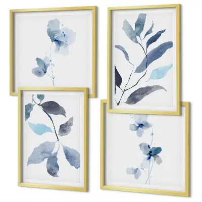 Foglie blu ad acquerello composizione di 4 quadri