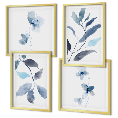Composizione di 4 quadri Foglie blu ad acquerello