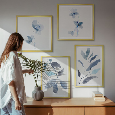 Composizione di 4 quadri Foglie blu ad acquerello