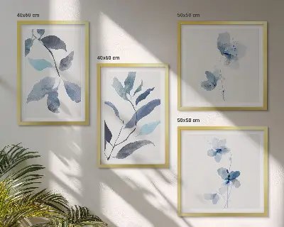 Foglie blu ad acquerello composizione di 4 quadri