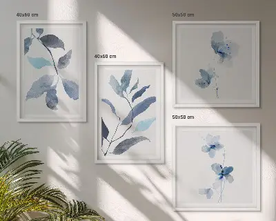 Foglie blu ad acquerello composizione di 4 quadri