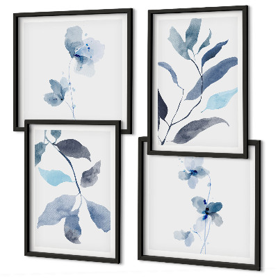 Composizione di 4 quadri Foglie blu ad acquerello