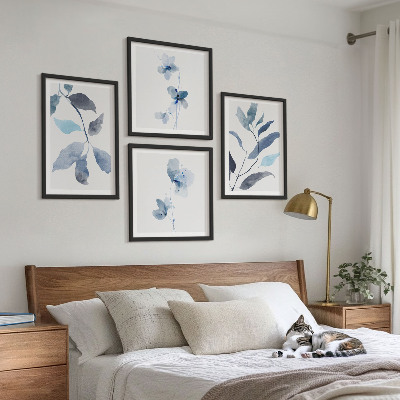 Composizione di 4 quadri Foglie blu ad acquerello