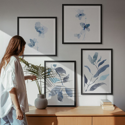 Composizione di 4 quadri Foglie blu ad acquerello