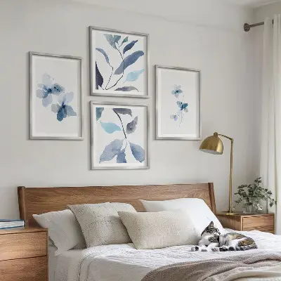 Fiori blu minimalisti quadro polittico con cornice