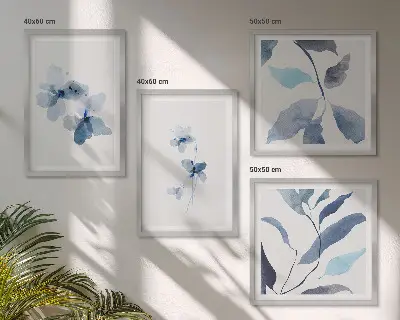 Fiori blu minimalisti quadro polittico con cornice