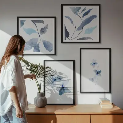 Fiori blu minimalisti quadro polittico con cornice