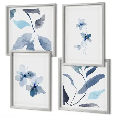 Fiori blu minimalisti quadro polittico con cornice