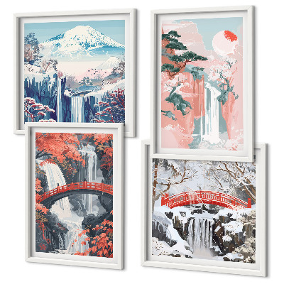 Composizione di 4 quadri Cascate, ponti, alberi, stagioni