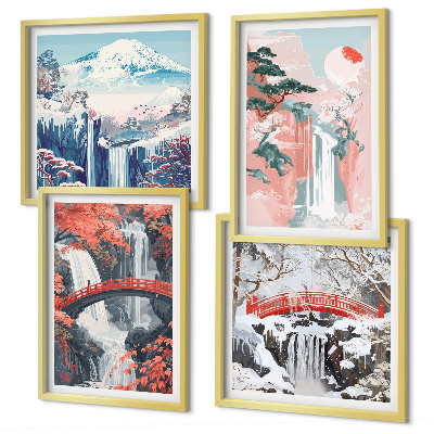 Composizione di 4 quadri Cascate, ponti, alberi, stagioni