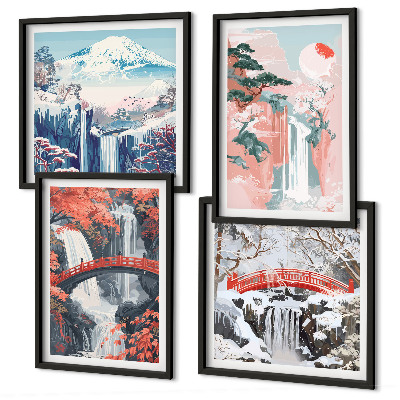 Composizione di 4 quadri Cascate, ponti, alberi, stagioni