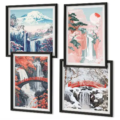 Composizione di 4 quadri con cascate, ponti, alberi e stagioni