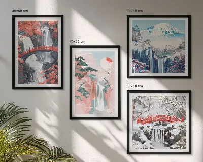Composizione di 4 quadri con cascate, ponti, alberi e stagioni