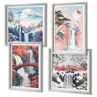 Composizione di 4 quadri Cascate, ponti, alberi, stagioni