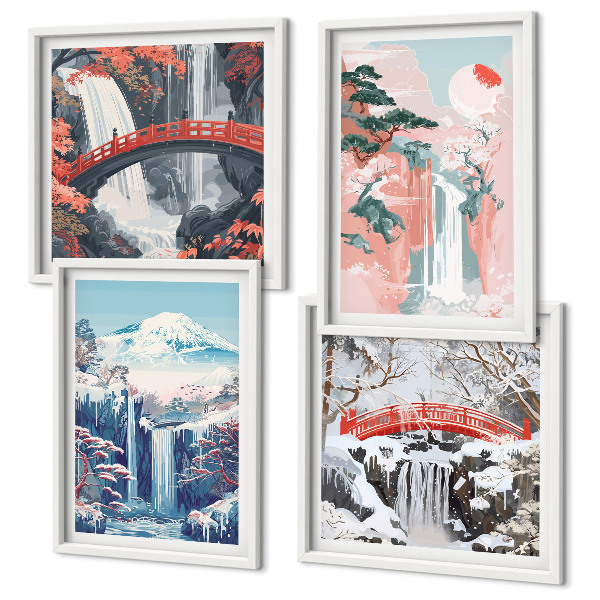 Composizione di 4 quadri Cascate montagne ponte alberi