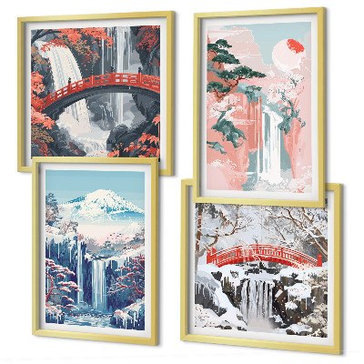 Composizione di 4 quadri Cascate montagne ponte alberi