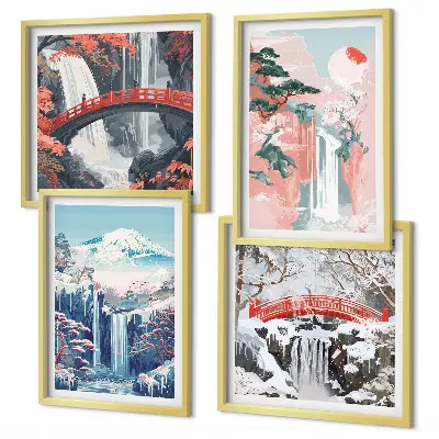 Composizione di 4 quadri con cascate, montagne, ponte e alberi