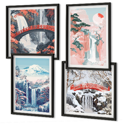 Composizione di 4 quadri Cascate montagne ponte alberi