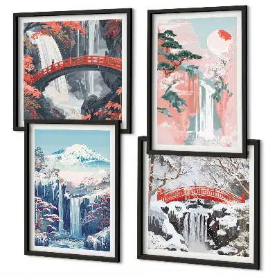 Composizione di 4 quadri con cascate, montagne, ponte e alberi