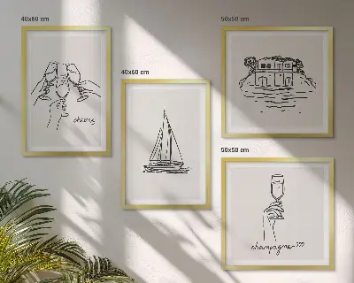 Galleria a parete con stampa casa sull'acqua, brindisi e barca a vela