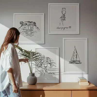 Galleria a parete con stampa casa sull'acqua, brindisi e barca a vela