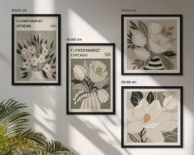 Composizione di 4 quadri con stampe di composizioni floreali retrò da diverse città