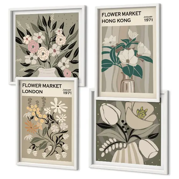 Illustrazioni floreali Londra Hong Kong polittico con cornice