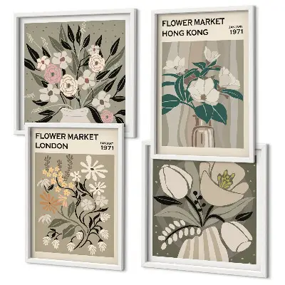 Illustrazioni floreali Londra Hong Kong polittico con cornice