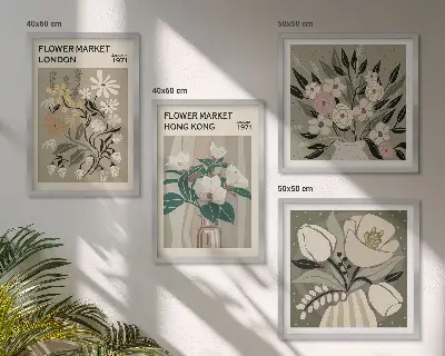 Illustrazioni floreali Londra Hong Kong polittico con cornice