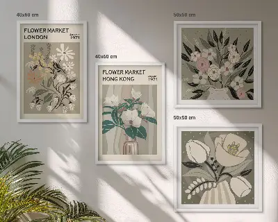 Illustrazioni floreali Londra Hong Kong polittico con cornice