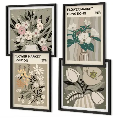 Illustrazioni floreali Londra Hong Kong polittico con cornice