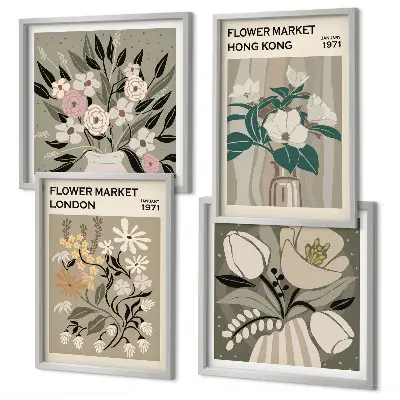 Illustrazioni floreali Londra Hong Kong polittico con cornice