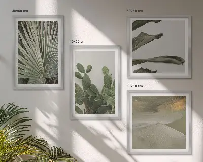 Composizione di 4 quadri con foglie di piante tropicali color pastello