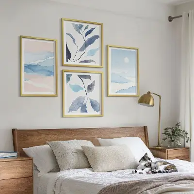 Polittico con cornice acquerelli con paesaggi montani e piante