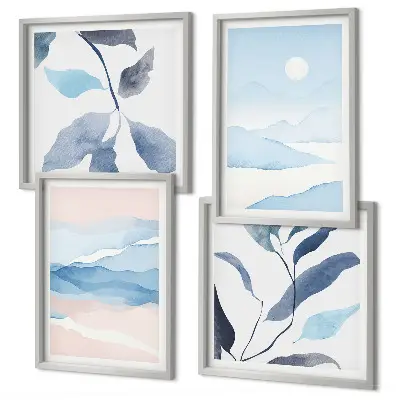 Polittico con cornice acquerelli con paesaggi montani e piante