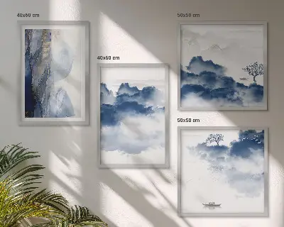 Polittico con cornice con stampa di montagne, nuvole, alberi e uccelli su sfondo
