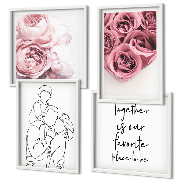 Composizione di 4 quadri Mazzi di rose disegnati a mano per la famiglia
