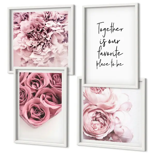 Polittico con cornice raffigurante fiori con mazzi di rose e scritta casa