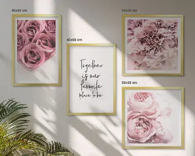 Polittico con cornice raffigurante fiori con mazzi di rose e scritta casa