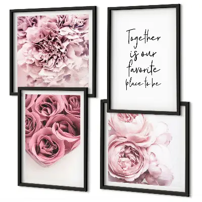 Polittico con cornice raffigurante fiori con mazzi di rose e scritta casa