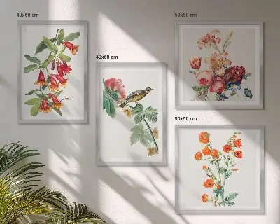 Composizione di 4 quadri con fiori dipinti e uccello in stile retrò