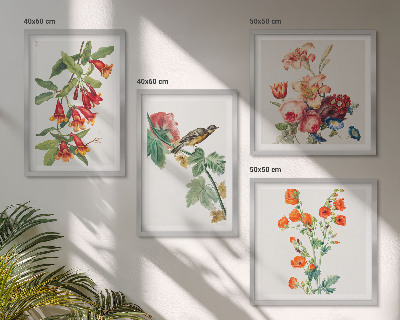 Composizione di 4 quadri Fiori dipinti uccello retrò