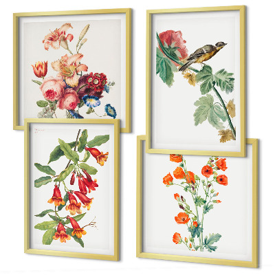 Composizione di 4 quadri Fiori dipinti uccello retrò