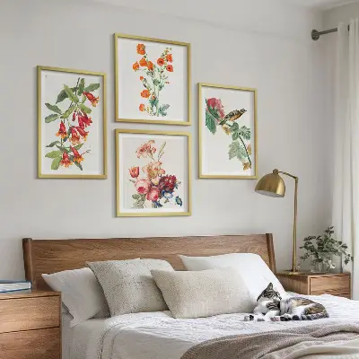 Composizione di 4 quadri con fiori dipinti e uccello in stile retrò