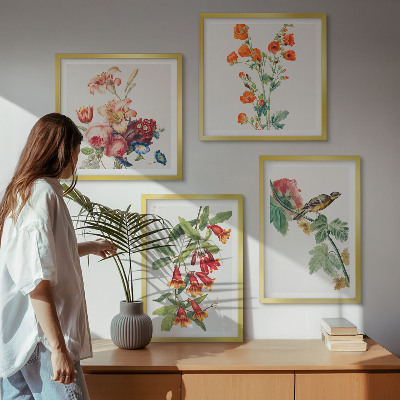 Composizione di 4 quadri Fiori dipinti uccello retrò