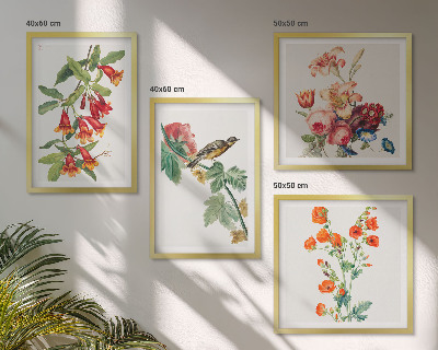 Composizione di 4 quadri Fiori dipinti uccello retrò