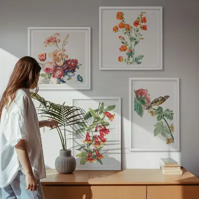 Composizione di 4 quadri con fiori dipinti e uccello in stile retrò