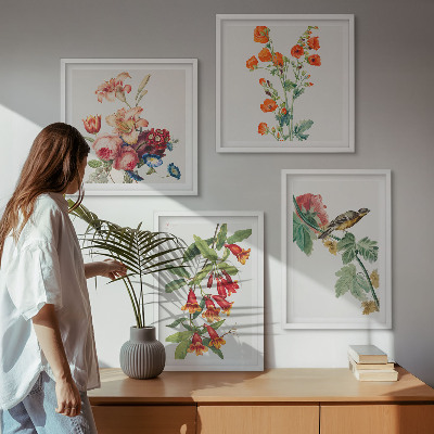 Composizione di 4 quadri Fiori dipinti uccello retrò